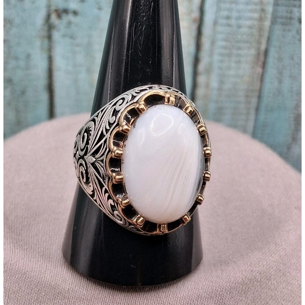 Big Men's Botswana Agate Ring Sz 10.5 Sterling Silver Gold Vermeil Southwestern